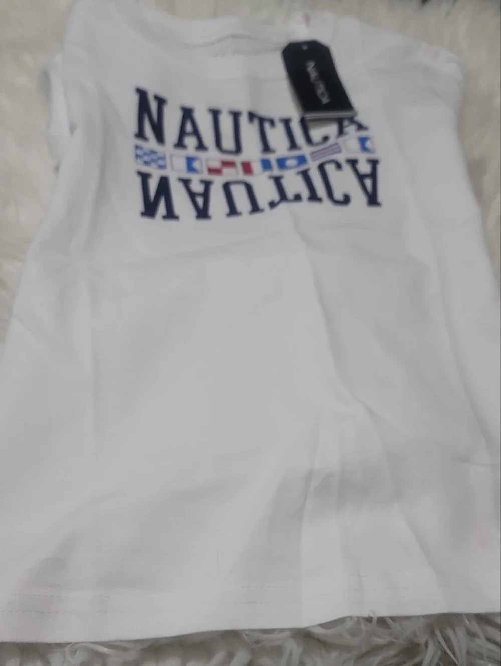 Nautica White Tee with Navy Logo and Nautical Flag Accents